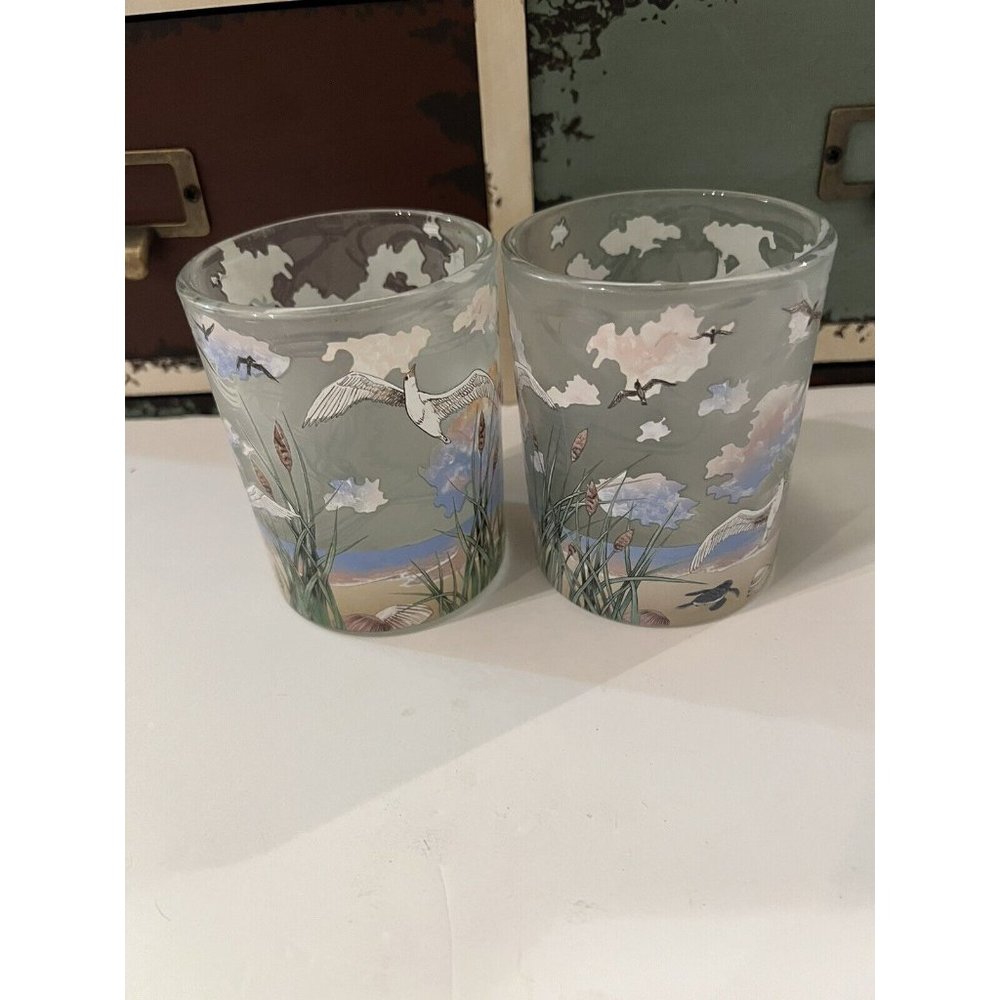 Beautiful pair Partylite Candle Holders Morning Tide Frosted Birds Sunset Beach